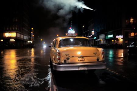 analog gloomy photo of a (taxi,  <lora:ch3ck3rc4b:1>), (rear view),  ((broadway in new york city (at night))), (abandoned buildings), (graffiti), (horror movie), ((nighttime)), (rain),  neon signs, marquee, High Detail, Sharp focus, (photorealism), realistic, best quality, 8k, award winning, dramatic lighting, epic, cinematic, masterpiece, rim light, (ambient fog:1.5), smoke:0.3,  dutch angle, depth of field,