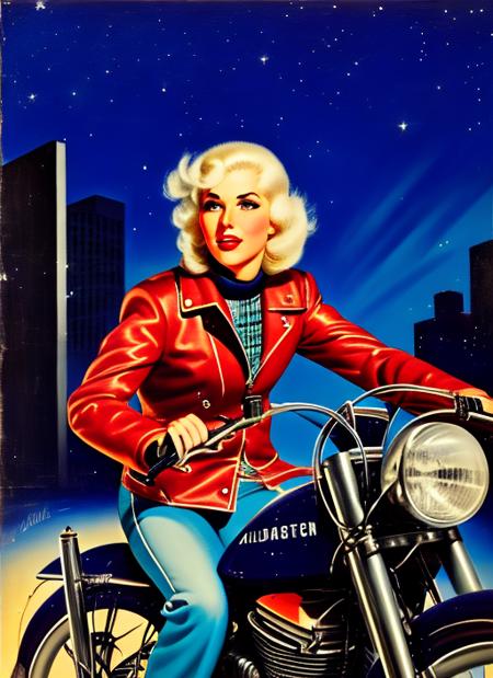 a painting, by Allen Anderson; a woman, sitting on a motorcycle, wearing a jacket; dramatic lighting, HQ, in the city, at night;