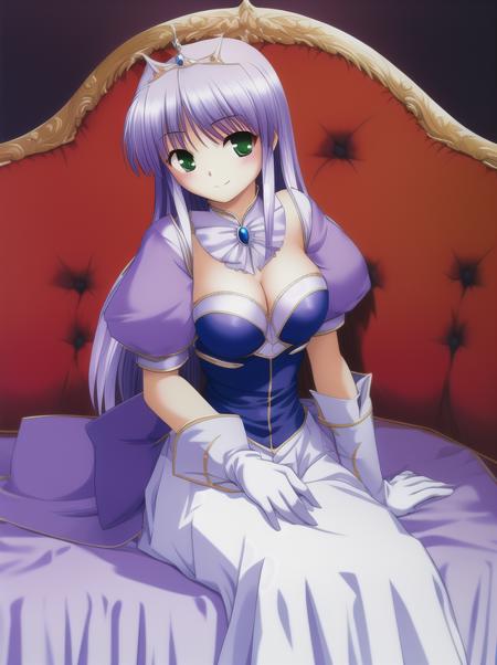 masterpiece, best quality, <lora:Feena-000008:1>,Portrait of feena, light purple hair, green eyes, blue dress, white gloves, tiara, puffy sleeves, cleavage, white skirt, long skirt, long hair, jewelry, sitting on a couch, smiling, (ligne claire)