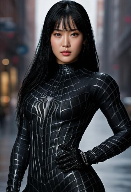 score_9, score_8_up, score_7_up, best quality, realistic, masterpiece, beautiful detail, hyperrealistic, ((1girl, woman body, big breasts)), amazing detailed full body of a cute korean girl, cute face, wearing a realistic and highly detailed black raimi spider-man suit, ((huge muscular girl)), professional model wears ultra - detailed black raimi spider - man suit, ultra - detailed and grained black raimi spiderman suit, suit covered entire body and hand, black spiderman gloves, wet, close up, black hair, variation pose, octane render, highly detailed, volumetric, dramatic lighting, (highest quality:1.1), (HDR:1.3), (top quality, best quality), realistic, high definition, masterpiece, 8k, best quality, best illumination, best shadow, an extremely delicate and beautiful, finely detail, depth of field, classic, highres, perfect lighting,
