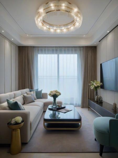 <lora:JJsAffordableLuxury_XL:1>, ((Affordable Luxury)), ((masterpiece)), ((best quality)), scenery, real world location, realistic, high detailed,, soft lighting,  (indoor) , no human,  window, ((sofa)), pillow, table, television, ceiling light, carpet, curtain, chair, flower,