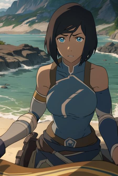 lhkorra, korra, long hair, blue eyes, brown hair, dark skin, dark-skinned female, hair tubes, normkorra, korra, long hair, blue eyes, brown hair, ponytail, dark skin, dark-skinned female, hair tubes, topknot, shkorra, korra, short hair, blue eyes, black hair, dark skin, dark-skinned female, fur trim, bare shoulders, armband, armlet, vambraces, bracer, pants, armband, green pants, bare shoulders,