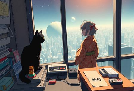 Jiji the cat from Kiki's Delivery Service sits on a cluttered metal riveted desk next to a maneki neko statue and a small Nintendo NES, Jiji is looking out of a floor to ceiling window that looks out at a very high view from an apartment on the 150th floor of a futuristic Tokyo skyscraper, the year is 2150,  (((Kiki from Kiki's Delivery Service, 20 years old, is standing next to the cat looking out at planet below))), Kiki is dressed in an ornate Japanese style bath robe.  The woman's hair is messy from just waking up and tied up with a ribbon. Artistic cyberpunk, dynamic perspective, The focus is on Jiji and Kiki standing together looking out the window at the view together,