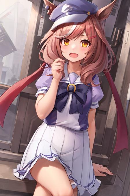 masterpiece,best quality,solo,1girl,matikanetannhauser\(umamusume\),(tracen school uniform),school uniform,(red hairbow:1.3),(red ribbon:1.3),cabbie hat,white skirt,sailor collar, open mouth,crossed legs,ground