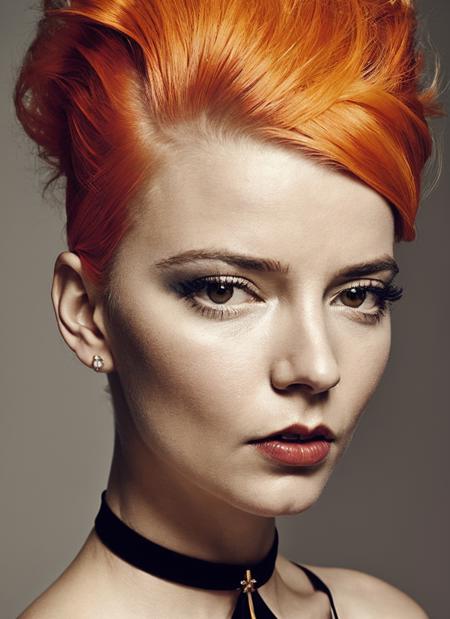 close up, portrait of ((sks woman)) by Flora Borsi, style by Flora Borsi, bold, bright colours, orange Mohawk haircut, ((Flora Borsi))