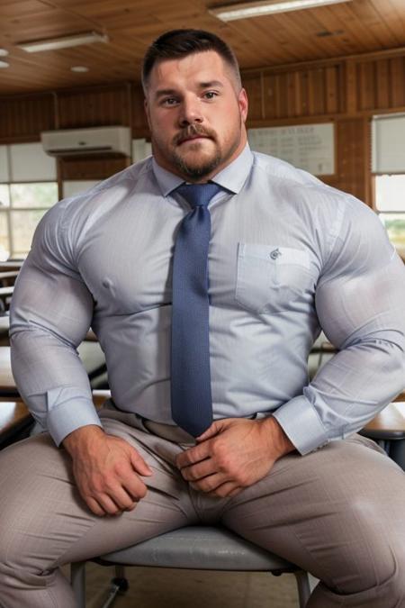 beautiful male portrait, musclebearbaker sitting on classroom chair, serious look,  white shirt and tie, grey slacks, legs spread, looking at viewer, holding eyeglasses, muscle bear, unbuttoned shirt