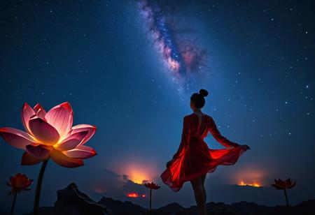 rp_slgd, lotus, On top of the flower sat the silhouette of a woman with her hair in two buns，A long strip of red silk fluttered in the wind around the woman，dramatic light, night, milky way, star sky, glowing, trippy,