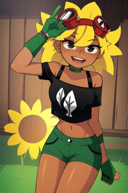 <lora:solar_flare_(plants_vs_zombies_heroes):1>, solar_flare_(plants_vs_zombies_heroes), masterpiece, best quality, 1girl, blonde hair, smile, goggles, midriff, goggles on head, shorts, navel, open mouth, gloves, black eyes, sunflower, sun, dark skin, flower, off shoulder, hand on hip, shirt, dark-skinned female, black shirt, off-shoulder shirt, freckles, crop top, looking at viewer, :d, green gloves, green shorts, teeth, choker