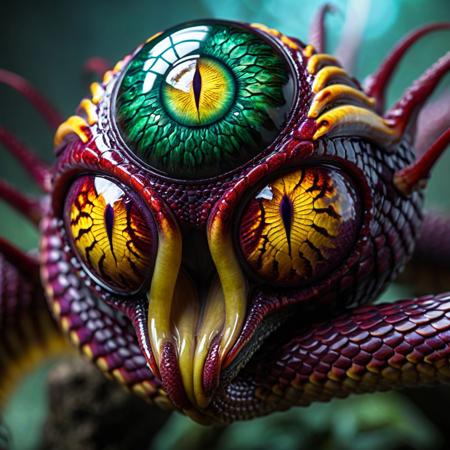 hyper-realistic, photo-realistic, hdr, deffuse texture, a Beholder, a mythical and monstrous creature from fantasy lore. The Beholder should have a large, spherical body covered in textured, dark green and purple scales that shimmer slightly in the light. Its most defining feature is a central eye, large and menacing, with a deep crimson iris that glows ominously. Surrounding the main body are several long, snake-like eyestalks, each ending in a smaller eye that varies in color from icy blue to sickly yellow. These eyestalks should be positioned at different angles, giving the creature an unsettling and watchful appearan, texture background, (((no frame))), seamless texture