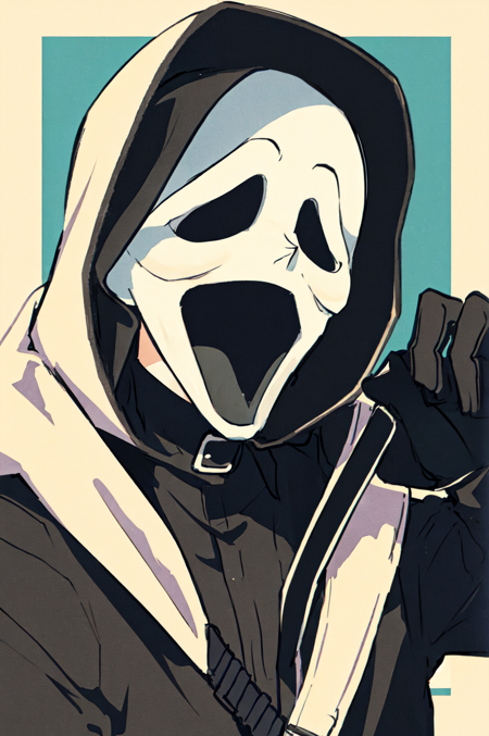 Ghostface Baller, solo, open mouth, simple background, gloves, 1boy, male focus, black gloves, hood, mask, hood up, black border<lora:Ghostface:0.75>