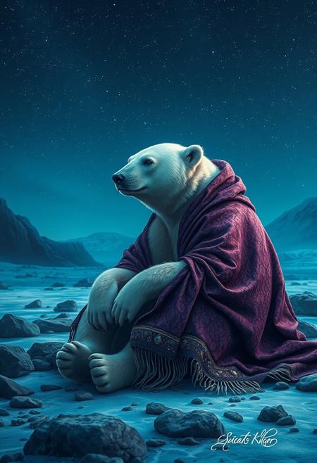 In this captivating realistic shot, an anthropomorphic polar bear dressed in a richly textured, jewel-toned shawl sits contemplatively on a desolate, icy landscape under a star-filled night sky. The polar bear, exuding wisdom and a touch of loneliness, appears to be lost in thought amidst the frigid, rocky terrain. The vibrant, predominantly cool-toned palette of blues and purples creates an atmospheric scene, with a bright, starry sky providing a contrasting backdrop. The bear's intricately detailed fur and the shimmering, jewel-like embellishments on the shawl catch the eye, while the soft, diffused lighting adds depth and dimension to the scene