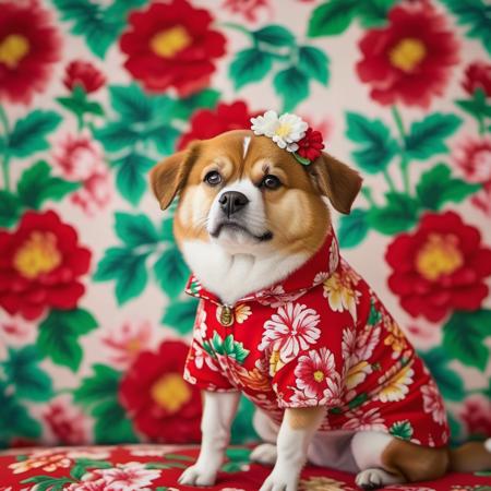 a dog,<lora:dongbeidahua:0.6>,wearing floral clothes,