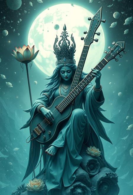 "Lotus Saraswati , octocore, fusepunk, petrol colored, tuba, illusion,  limitless, pale, chaotic, ultra detailed, cinematic  "