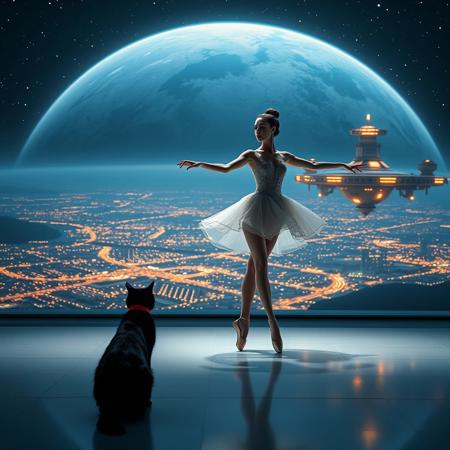 focus on a beautiful elegant female ballerina dancer on a futuristic stage micro-LED lighted, behind the dancer on the stage is an enormous seamless and futuristic wall to wall and floor to ceiling window that looks out at a planet from low orbit, the planet is covered with the lights of enormous structures with tiny dots of light and enormous cities that take up much of the surface.,  An enormous deco space station with futuristic lighting and an enormous space station are visible in the background among the stars, Artistic art deco, dynamic perspective, (((overall architectural aesthetic is Elegant Art Deco with a touch of Cyberpunk))).  Epic image that elicits a feeling of wonder and awe, a black cat with red collar sits at the edge of the stage watching,