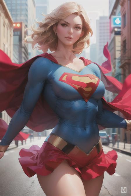 artgerm, 1girl, supergirl, large breasts, bodysuit, masterpiece, detailed, realistic, red cape, red skirt, <lora:supergirl_v1:0.6>