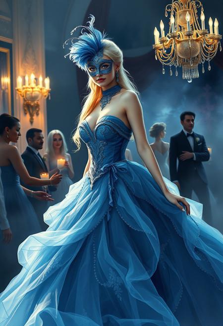 high-fashion fairytale fantasy dark-romance mid-length shot of a blonde gorgeous busty Cinderella at a masquerade ball, wearing an elegant intricate blue ballgown, 18yo showing lots of skin, (highly detailed masterpiece Realistic extremely hyper aesthetic) Digital Watercolor Style, Ethereal fluidity painting art style of uses fluid and flowing brushstrokes, creates a sense of movement and lightness, dynamic and abstract composition, professional-grade execution, captures the beauty of fluid dynamics, evokes a sense of calm and serenity, The Cinderveil envisioned in a Fashion illustration style, The high-contrast, elegant linework and sweeping forms lend the scene a spectral grandeur, where beauty and transience exist in perfect tension, light-art, lens-flare, magical, spiritual, professional-quality design, dark, chiaroscuro, low-key