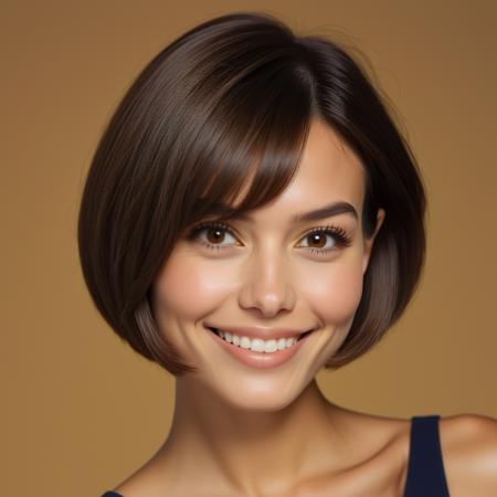 2d, A close-up of a model with a chin-length, asymmetrical bob in dark brown hair, her sharp, angular features softened by her warm, brown eyes and gentle smile., highly detailed, Boundless, Indirect light, electric yellowaward winning, serene <lora:usual-portrait-v2:.9>