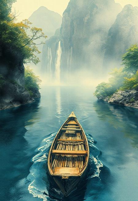 The Bamboo boat flows backwards down a great river and floats on its surface.
Japanese art style, Japanese ink painting, 
best quality, sharp focus, high contrast, colorful, ultra quality, 8k, best quality,
