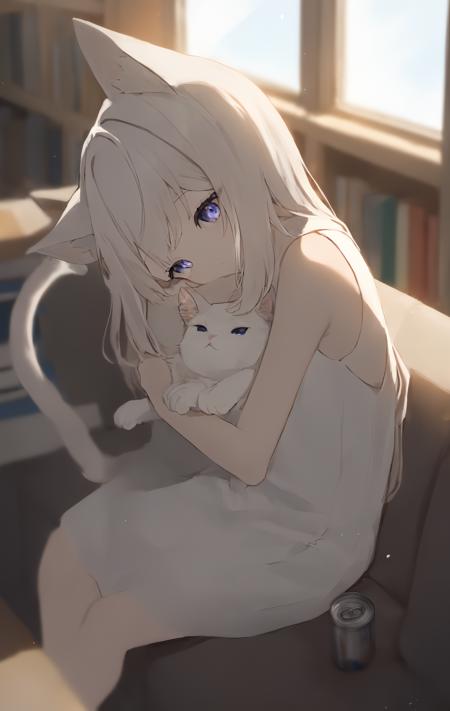 1girl, solo, 
a young girl with white hair and wearing a white dress sits on a couch, embracing a white cat, She has cat ears and a tail, showing her to be a feline creature like human, with a window letting in natural light and a bookshelf full of various books, Nearby, one can see a cup placed on a table, depth of field, blurry foreground, blurry background,
masterpiece, best quality, absurdres, recent, newest, safe, sensitive