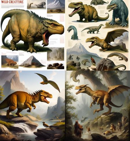 \wild creature roaming freely, creature sheet page, prehistoric creature, infographic presenting unknown fantasy animal best creature, detailed illustration by Jan Matejko, dinosaur, encyclopedia plate poster, adolphe millot