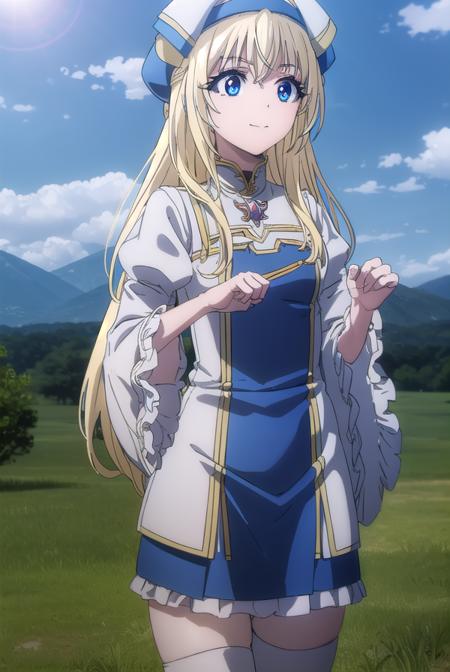 priestess, <lyco:priestesss2-lyco-nochekaiser:1>, 
priestess, blonde hair, blue eyes, long hair, hair between eyes, (small breast:1.2), smile,
BREAK boots, dress, frilled sleeves, frills, hat, white headwear, pelvic curtain, high heels, robe, thigh boots, thighhighs, white thighhighs, long sleeves, puffy sleeves,
BREAK outdoors, nature, forest, grass, sky, sun, cloud,
BREAK looking at viewer, (cowboy shot:1.5),
BREAK <lyco:GoodHands-beta2:1>, (masterpiece:1.2), best quality, high resolution, unity 8k wallpaper, (illustration:0.8), (beautiful detailed eyes:1.6), extremely detailed face, perfect lighting, extremely detailed CG, (perfect hands, perfect anatomy),