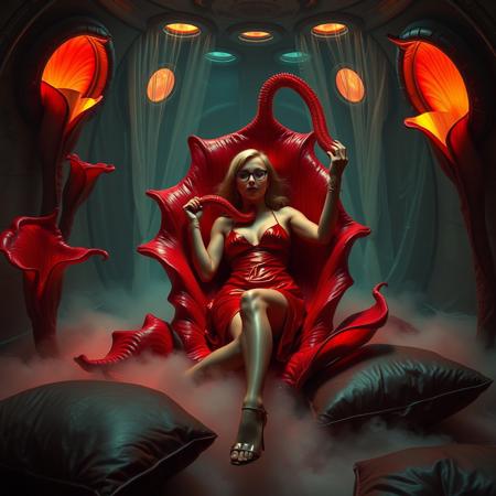 blonde damsel.  lifted glossy nightgown, her glasses askew, glossy high heels, she is laying inside giant rafflesia bloom , red tentacle from the bloom groping her,  her legs spreaded wide apart, knees bent,   penetration, orgasm, mind break,   surrounded by  giant rafflesia  glossy  crystal slime covered red colossus petales , reflecting the faint glow of the weird alien laboratory chamber. thin transparent slime curtains, pillow foil canopy,  fog from the floor. floor covered by giant leather pillows.   the walls appear to be alive, covered in a pulsing, iridescent slime, while colossus observation portholes gaze in like empty eyes, as if the very darkness of space itself is watching this horrific scene unfold. Inspired by the dark, industrial sci-fi of H.R. Giger, the eerie, atmospheric lighting of Zdzisław Beksiński, and the surreal, biomechanical nightmares of Francis Bacon.