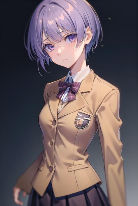 ayasekishimoto, <lora:ayasekishimototest:1>,
ayase kishimoto, short hair, purple eyes, purple hair,
BREAK skirt, school uniform, jacket, pantyhose, black pantyhose, blazer, (brown blazer:1.2), (brown jacket:1.2),
BREAK looking at viewer,
BREAK indoors, classroom,
BREAK <lora:GoodHands-vanilla:1>, (masterpiece:1.2), best quality, high resolution, unity 8k wallpaper, (illustration:0.8), (beautiful detailed eyes:1.6), extremely detailed face, perfect lighting, extremely detailed CG, (perfect hands, perfect anatomy),