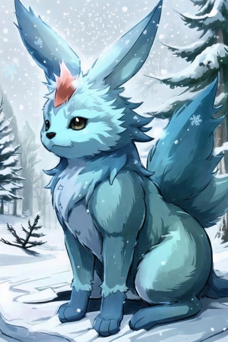 masterpiece,best quality,no_humans,carbuncle \(final fantasy\),snow forest,pine tree,snowflakes,snowing,furry,<lora:Carbuncle_NF_V1:1>,