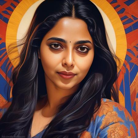 AishwaryaLekshmi, art by Charles Tunnicliffe, Fiery buff Girl expression is Romantic, Indigo lighting, psychedelic colors, crisp lines,  <lora:AishwaryaLekshmiSDXL:1>