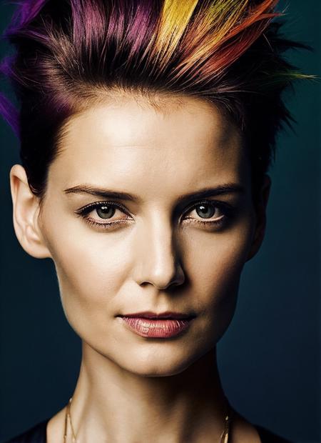 portrait of sks woman by Flora Borsi, style by Flora Borsi, bold, bright colours, rainbow Mohawk haircut, ((Flora Borsi)), <lora:locon_katieholmes_v1_from_v1_64_32:1>