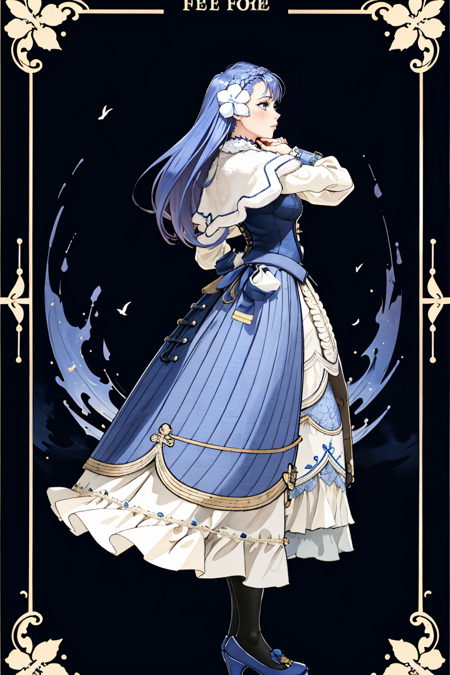 rinea fe, closed mouth, standing, full body, flower, pantyhose, frills, hair flower, high heels, from side, blue dress, blue bow, own hands together, blue footwear, own hands clasped,
<lora:Rinea_FE-10:0.85>