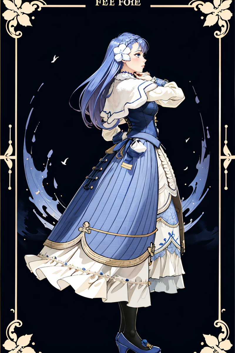 rinea fe, closed mouth, standing, full body, flower, pantyhose, frills, hair flower, high heels, from side, blue dress, bl...