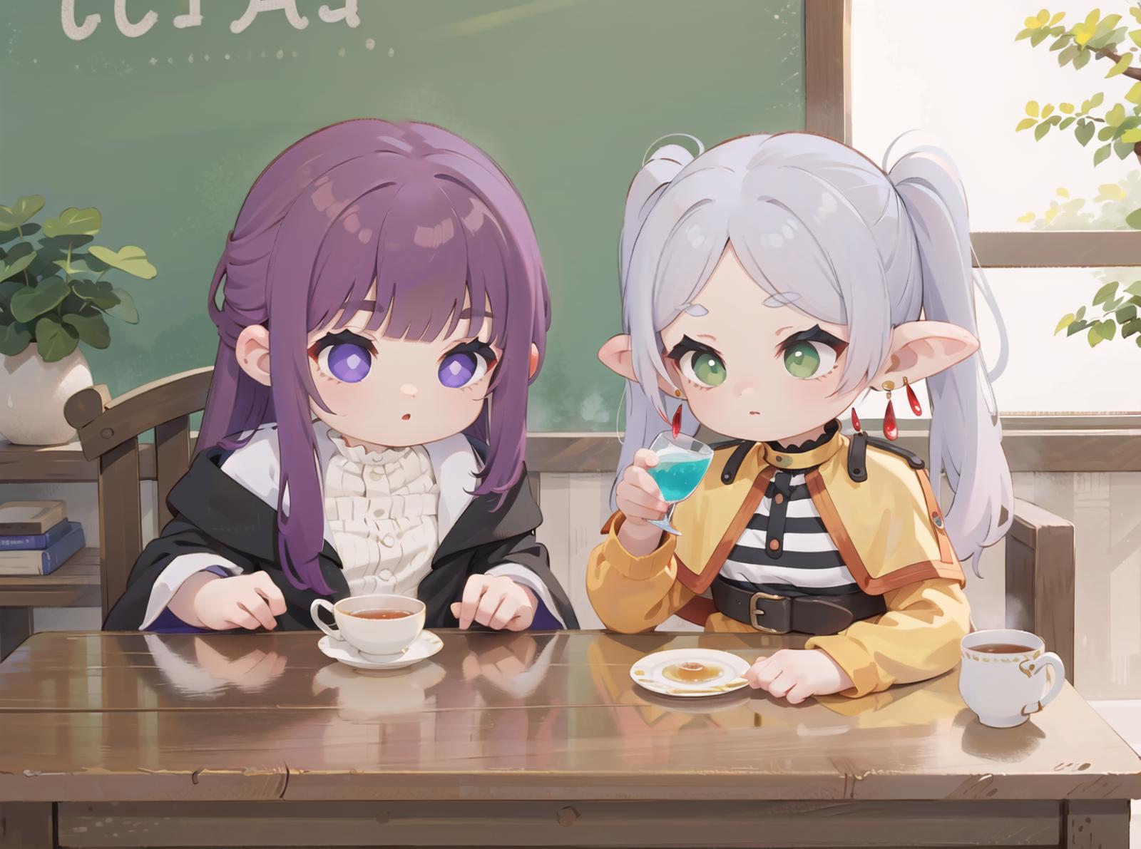 Two Cartoon Characters Drinking Tea at a Table