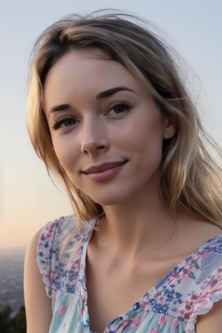 Photo of GillianZinser, sunset, dusk, hills above Los Angeles, pastel sky, looking at sky, head tilt, pose, floral sundress, in love, loose wavy hair, ((masterpiece, best quality, extremely detailed, perfect face, perfect body:1.2)), smile:1.2, closeup on upper body