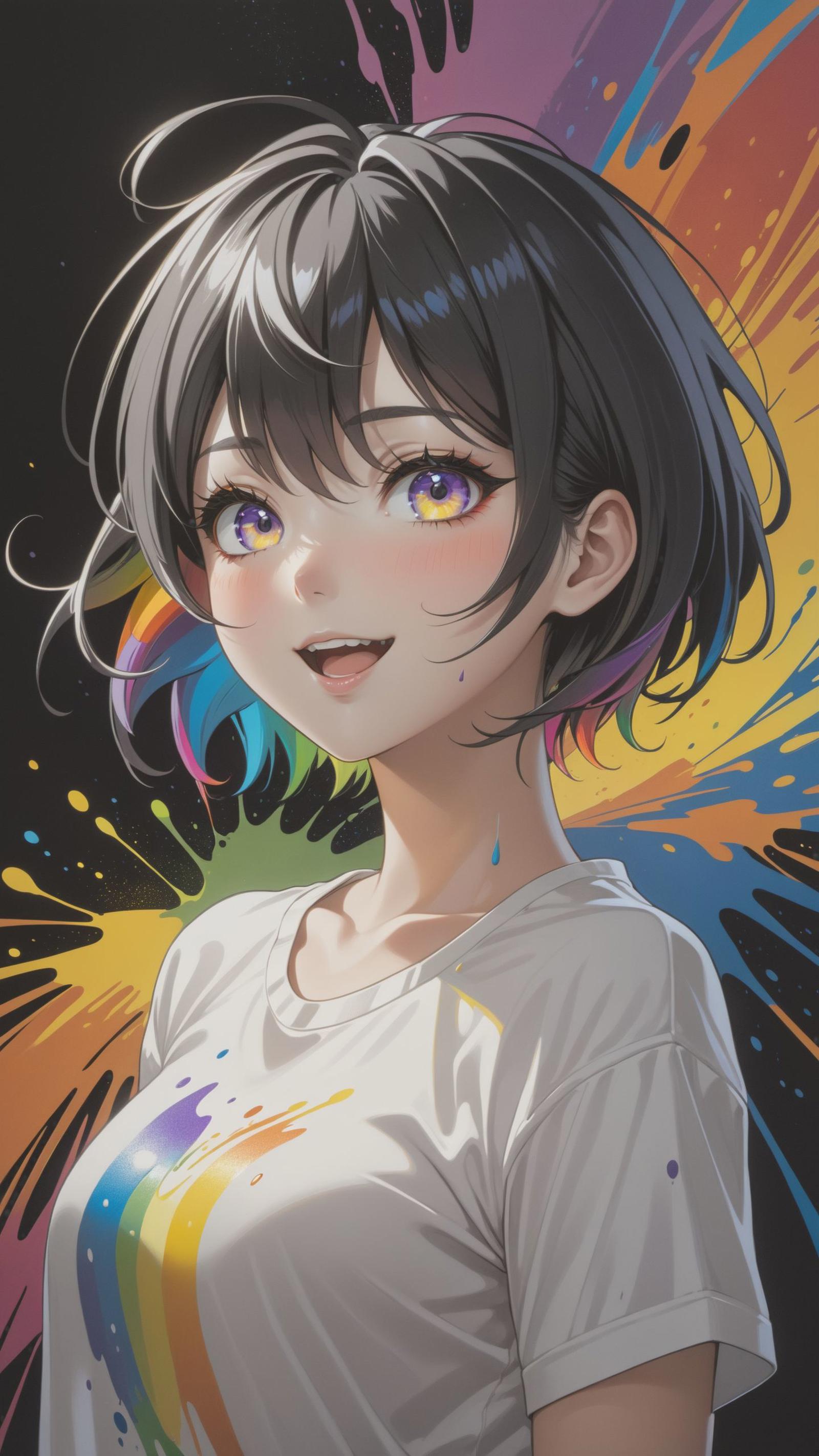 Anime character with purple eyes, multicolored hair, and white shirt.