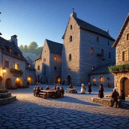 Ultra high-definition 16k resolution image captures a village square dominated by an ancient stone institution, 
its weathered facade glowing in the remnants of day's light, 
surrounded by whimsical characters in turtlenecks, 
a scene reminiscent of a vintage movie still, 
village square, 
ancient stone institution, 
turtleneck characters, 
classic movie scene, 
ultra high definition, 
photorealistic textures, 
dramatic lighting, 
cinematic composition