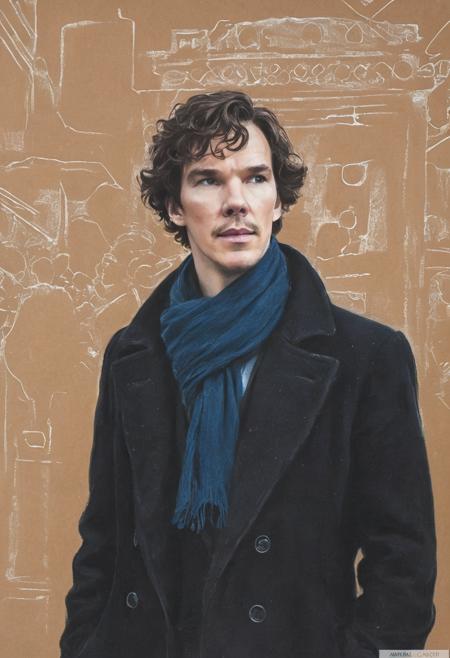 #pastel, #dry chalk drawing, #chalk on paper, #chalk shading, #chalk drawing, #tinted paper, #colored chalk drawing, #chalk shading, Poster, close-up,July: Detective ""Sherlock Holmes"" British actor Benedict Cumberbatch solves the mystery. #colored chalk drawing, art by Mora, Andre Cohn, Arthur Bordalo, Bob Ringwood, Benedict Bana