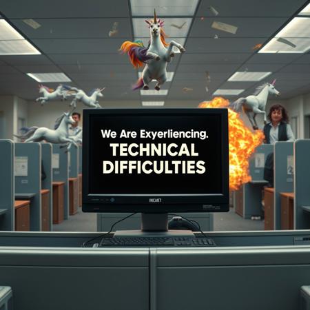 an office, a computer monitor in the foreground that says "We Are Experiencing Technical Difficulties", cubicles in background, sitcom freeze frame, jumping, unicorns, rainbow farts, debris, chaos, mayhem, insane, explosions, stuntmen, action movie poster,