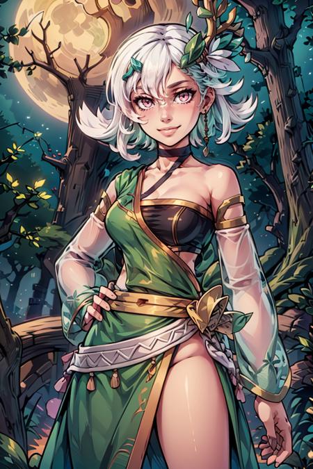 ((masterpiece,best quality)), absurdres,
<lora:Lily_Everhart_v2:0.8>, Lily_Everhart, white hair,
magical forest, tress, moon,
looking at viewer, smile, hair ornament, dress, bare shoulders, jewelry, medium breasts, closed mouth, collarbone, earrings, detached sleeves, choker, pink eyes, see-through, black choker, green dress, see-through sleeves,
solo,  looking at viewer,
from below, dutch angle, looking down, smug, hand on hip,