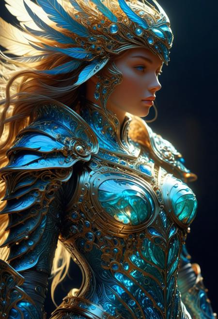 A captivating and spellbinding masterpiece showcases a lady's armor that has been metamorphosed into a complex and fantastical design. The close-up angle emphasizes the sleek lines and skillful interplay of light and shadow, lending depth and texture to the artwork. The vivid hues and intricate details breathe life into the armor, with each component holding secret meanings. The exceptional image mesmerizes with its combination of photography, illustration, 3D rendering, and painting techniques, as the soft light gently caresses the subject, accentuating its beauty and allure.