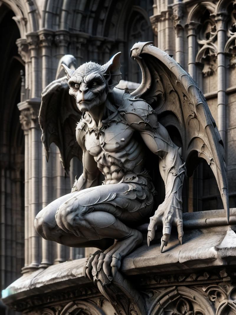 A demon statue with wings, horns, and claws, sitting on top of a building.