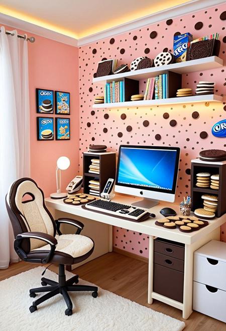 a teenage bedroom with a computer desktop setup on a desk, everything made of creamy cookies and Oreo biscuits, cookie desk with chocolate chip details, creamy cookie keyboard and mouse, Oreo monitor with creamy filling screen, cookie chair with soft frosting cushions, cookie shelves with cookie books and Oreo decorations, pastel-colored wallpaper, warm soft lighting, dreamy and whimsical atmosphere, ultra detailed, hyperrealistic, delicious concept design, fantasy dessert-themed room