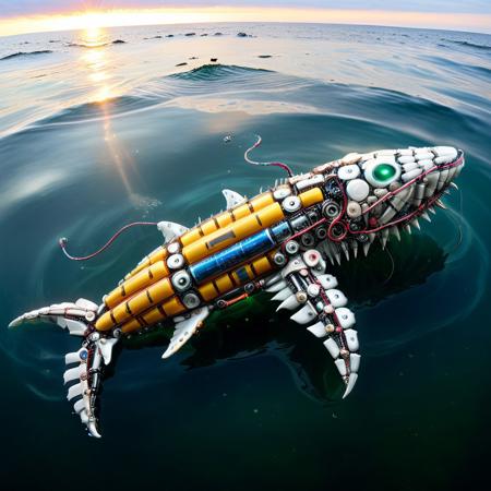 a robotic leviathan surfacing from an electric ocean, body made of oversized alkaline cells, dorsal fins shaped like voltage meters, lightning coursing through transparent plating, sonar pulses warping the sky above, B4TT3R13S, made of batteries
