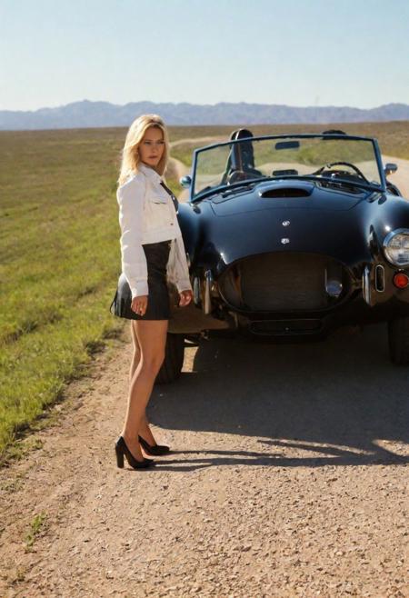 Hitchhiker, next to her car, (1966 Shelby Cobra 427 Super Snake),
, trying to catch a ride, (((signalling thumb extended))), ((full body)), (long shot),
Adult woman, next to her car, (Caucasian ethnicity), slim build, (contemplative expression), outdoor setting, spring day in April, dirt road, sun slowly setting, sun is behind her, (crouching pose), (hitchhiker), (hitchhiking, thumb), (long wavy blonde hair), great legs, (very short skirt), tight white shirt emphasizing her figure and boobs, black leather jacket, silver wrist accessories, black shiny ankle boots, roadside with grass, tranquil, natural daylight. Sitting leaning against her car, ((
1966 Shelby Cobra 427 Super Snake)), 
JuggernautNegative, Movie Still, Film Still, Cinematic, Cinematic Shot, Cinematic Lighting, badquality