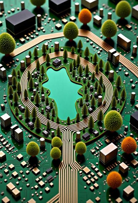 masterpiece, absurdres, a cool TzigoCBS cuircut-board city, with a park with trees and a lake, from above, Jeddtlv3, high quality, ultra detailed, colorful, abstract, fantasy, photo realistic, 4k, Fantastic lighting. Detailed shadows, vivid colors, hyper-detailed, ultra-sharp, 8k , HDR+. The style is ultra-realistic with a touch of surrealism, dreamy atmosphere, and unique textures. ,
