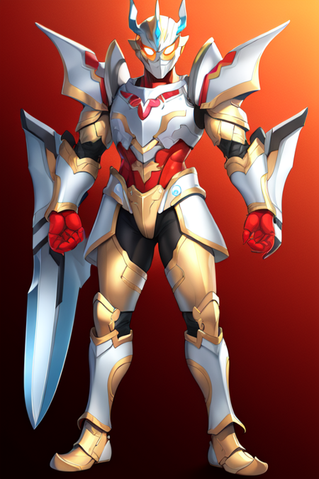 ultramanreiwa, solo, open hands, gold armor, black bodysuit, superhero, weapon, red gloves, white footwear, orange eyes, full armor 