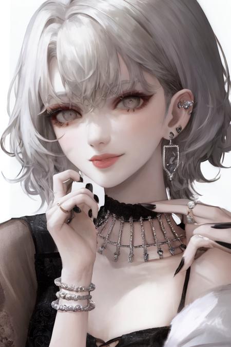 pilyeon, solo, 1girl, black nails, jewelry, short hair, looking at viewer, choker, necklace, hand on own face, piercing, white background, heart, closed mouth, grey eyes, nail polish, simple background, grey hair, ear piercing, black choker, smile, eyelashes, lips, hand on own cheek, bangs, bracelet, beads, gem, earrings, fingernails