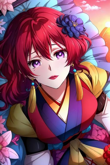 --This image uses the version I added in the description -- 
 <lora:YONA2:0.8>, (Masterpiece, Best Quality:1.3), (thick lineart), (faux traditional media), highres, official art, best illustration, (8k resolution), ((yona1)), oiran, 1girl, mature female, solo, tanling ruqun, banbi, (from above:1.3), cowboy shot, long hair, hair stick, tassel hair  ornament, gold trim, breasts, obi, stylish, intricate, fantastic, fairytale, fantasy art, (detailed face), (lying on a bed of flowers, on back:1.2), (lovely eyes, looking at viewer, lipstick), sobbing, tearing up, <lora:OiranV3:0.4>, depth of field, silhouette, perfect, makeup, lovely, (details:1.2), camellia, various colors, vivid, colorful, shiny, sky, stars, lumen global illumination, (background in the style of Hokusai Katsushika:1.3), water, ripples , [bokeh], red and pink theme, ((sunset:1.1)