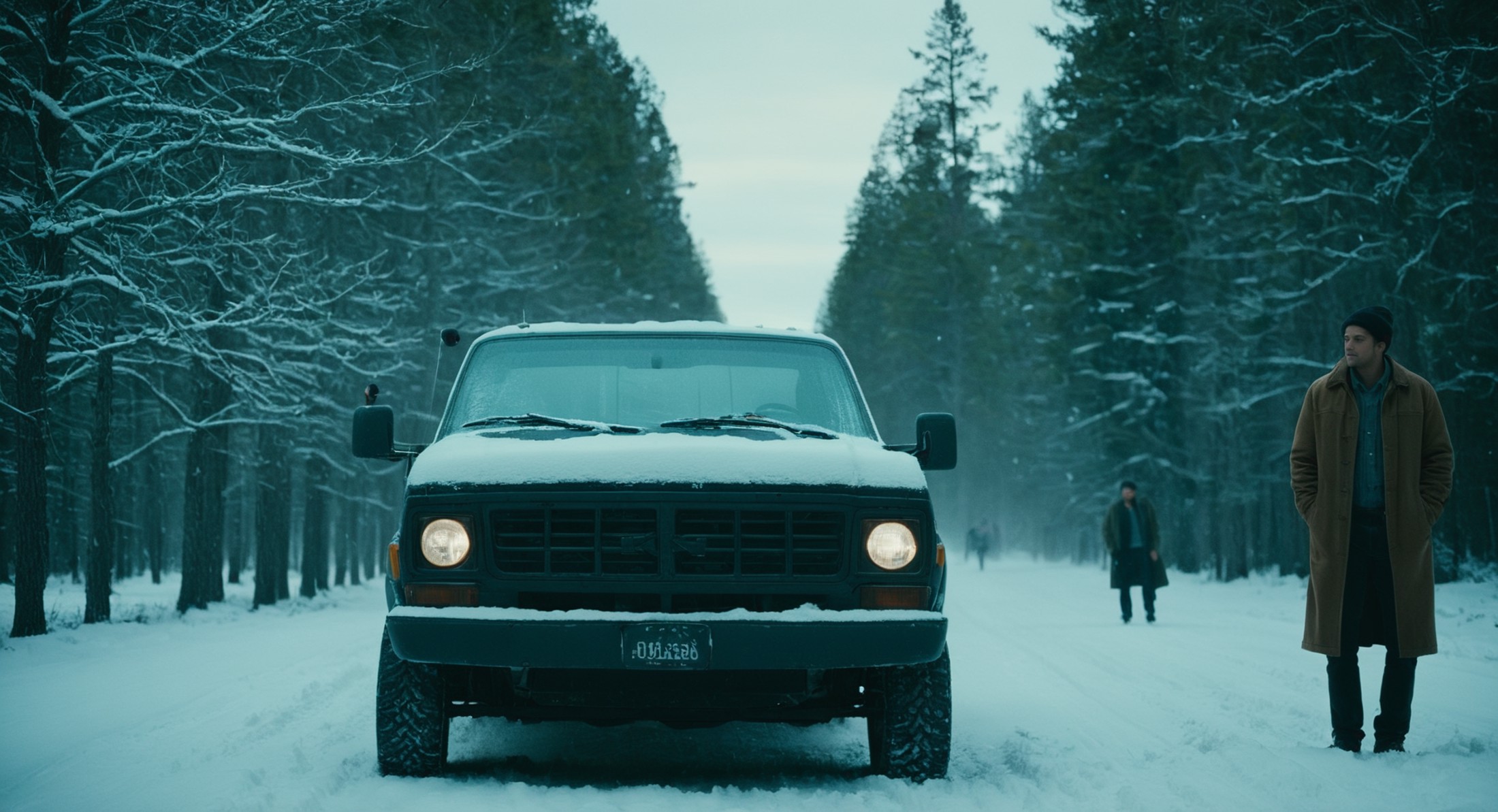 cinematic film still of  <lora:Split Diopter style:1>
Split image focus of closeup of a  truck car on the left in the snow...