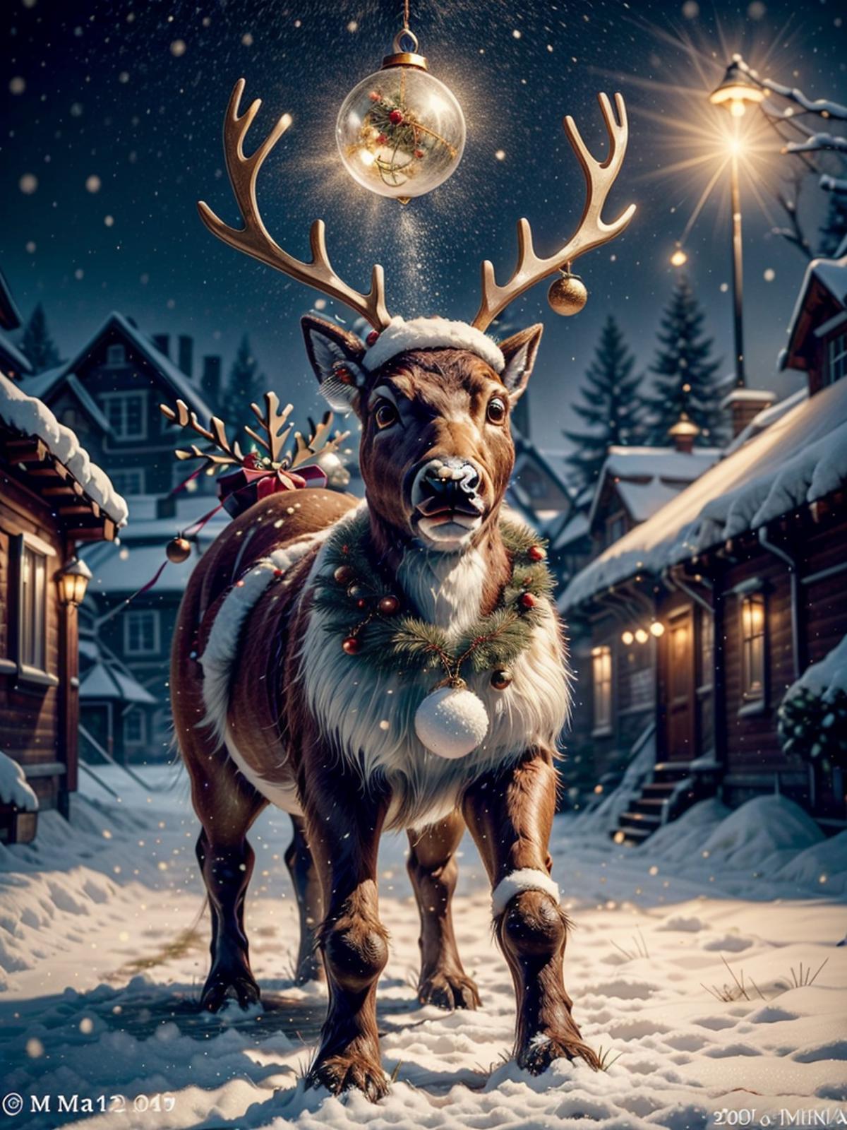 A snowy Christmas scene with a reindeer and a lighted globe.